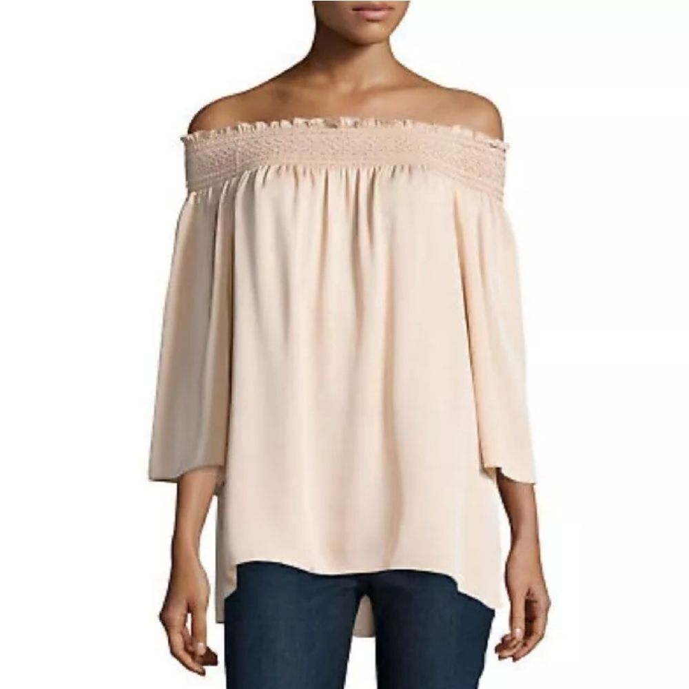 🐢 Theory Elistaire Modern GGT Silk Smocked On or Off Shoulder Blouse Size M
